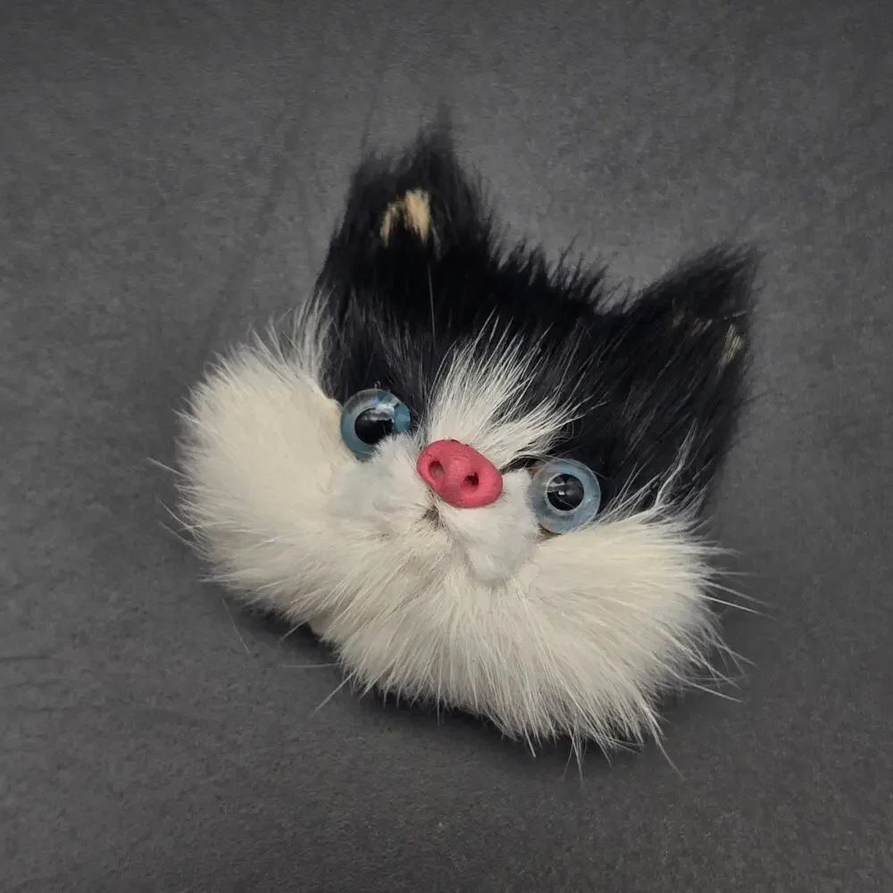 Furry Black White Cat Brooch Hand Crafted Vintage Jewelry